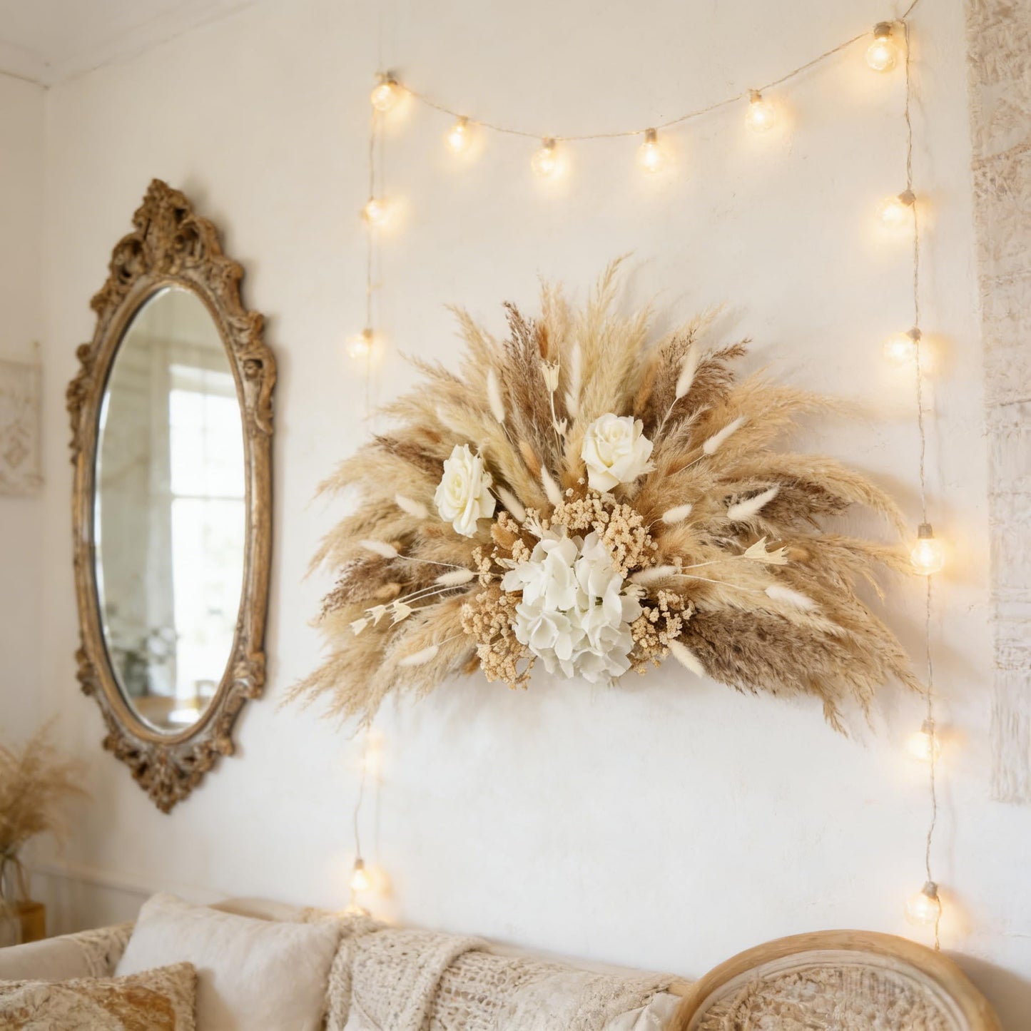 35” Pampas Grass Wall Decor Natural Fluffy Dried Reeds with Bunny Tails Baby Breath Artificial Hydrangea Flowers Large Pampas Easy Install for Home Wedding Arch Entryway Farmhouse Party Boho Decor