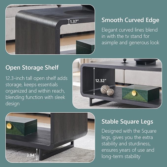 IFGET 48" Modern Coffee Table, 2-Tier Minimalist Center Table with Storage Shelf, Curved Profile Design, Wooden Rectangular Living Room Table w/Wood Thick Design for Living Room, Office, Dark Grey