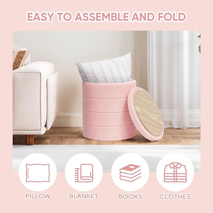 PINPLUS Round Storage Ottoman Foot Rest Stool with Tray Velvet Sherpa Folding Storage Ottoman,Boucle Foot Rest for Living Room, Bedroom, Dorm（Pink）