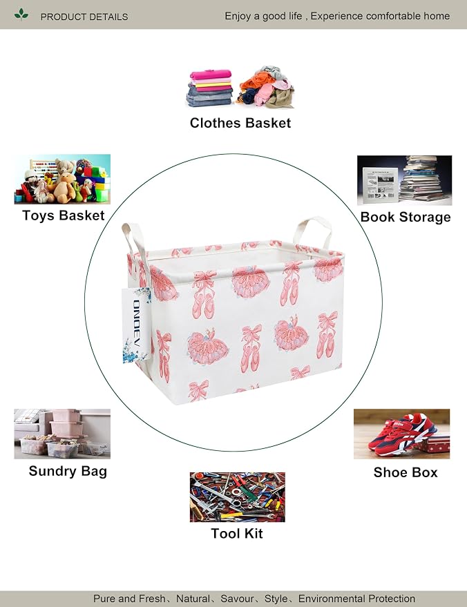 Rectangular Folding Laundry Basket,waterproof Canvas Basket,Gift Basket,Suitable for Children's Room,Office,Clothes,Toys Storage(Pink lace dance shoes)
