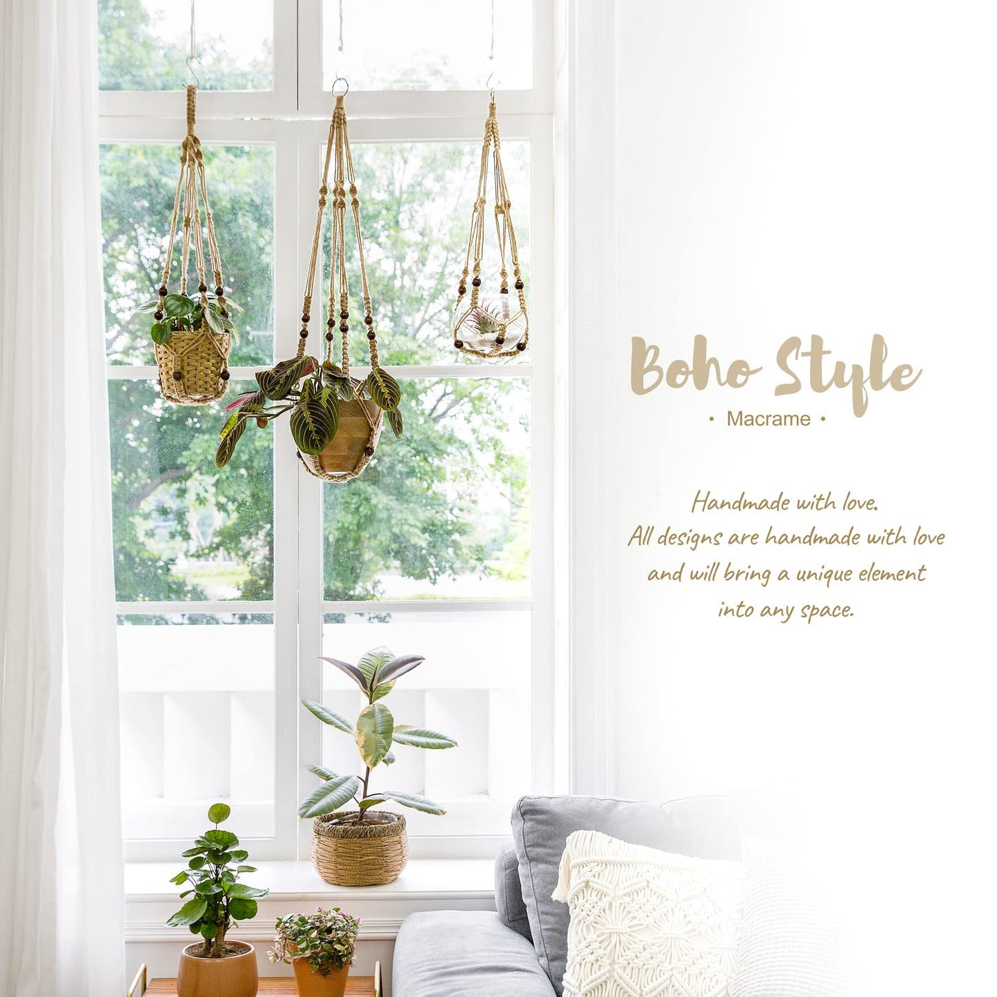 Mkono Macrame Plant Hangers Indoor Jute Hanging Planter Basket and Ceiling Hooks, Wood Beads Decorative Flower Pot Holder for Indoor Outdoor Boho Home Decor,Brown，Set of 2