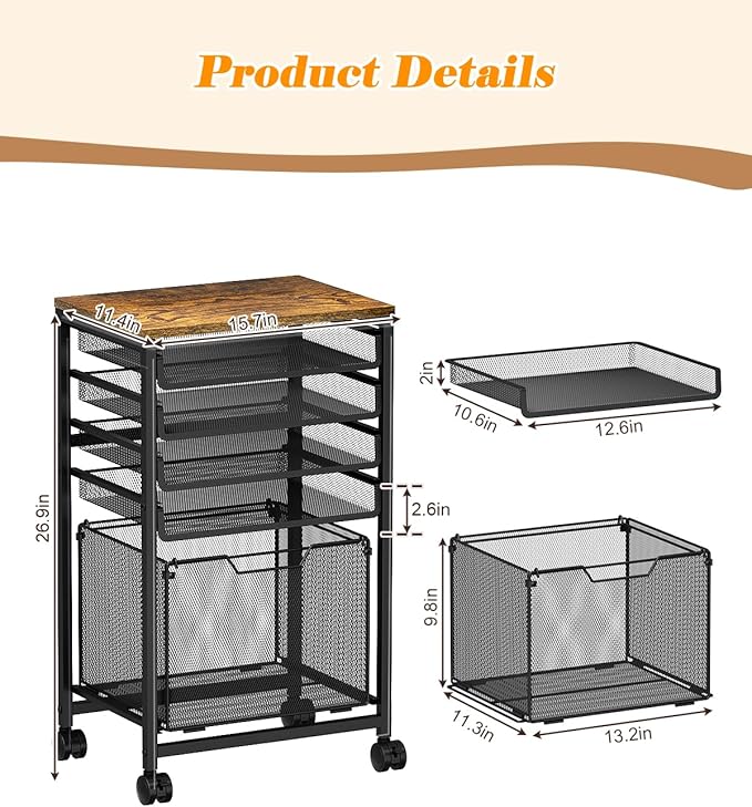 Feyejade Compact 5-Tier Rolling File Cart, Under Desk Metal Filing Cabinet | Printer stand top, sliding mesh trays for binder, letter size file storage, organizer for teachers and home office