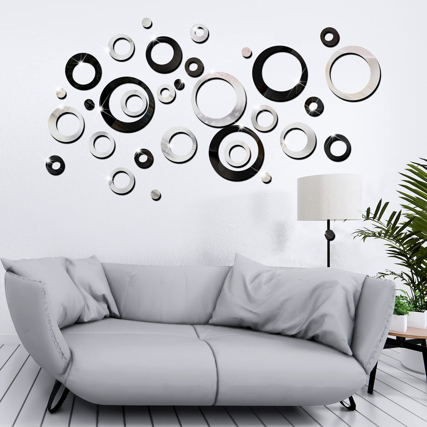 Outus 72 Pieces Wall Stickers Decor Acrylic Circle Mirror Removable Black and Sliver Wall Decor Round Dots DIY Red Living Room Decals Modern Art Murals for Home Bathroom Bedroom Decoration
