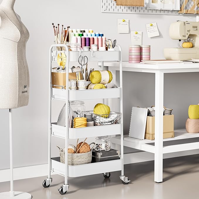 TOOLF 4-Tier Rolling Cart - Metal Storage Organizer with Lockable Wheels, 44 lbs Per Shelf Capacity, Tool-Free Assembly, for Kitchen Bathroom Office Laundry Room Nursery, White