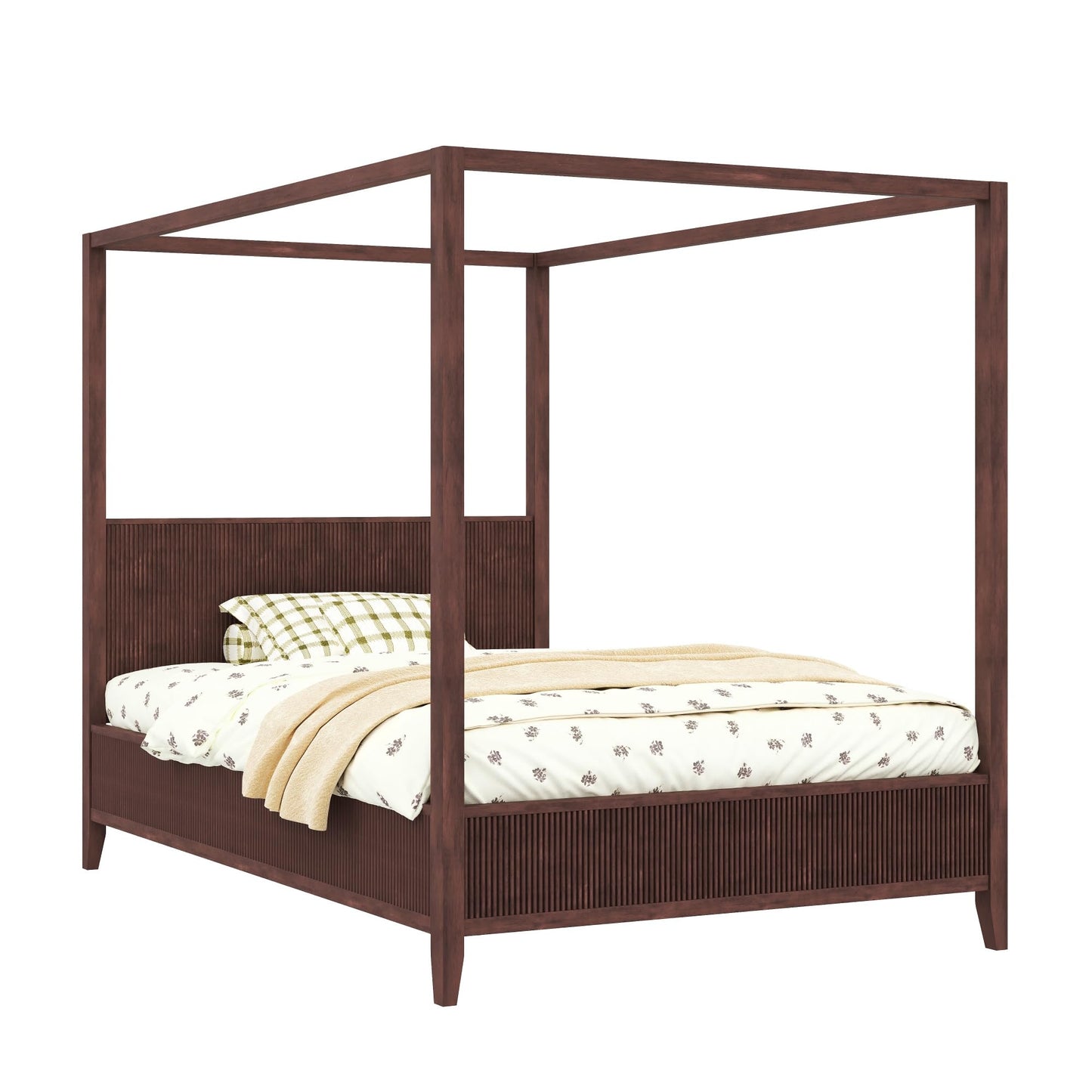 Merax Modern Luxury Queen Size Wooden Canopy Bed Frame with Headboard, Slats Support, Wood 4 Poster Bed Frame, No Box Spring Needed, Contemporary Bedroom Furniture, Espresso