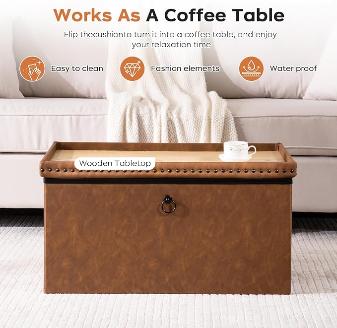 oakvivo 30 Inches Folding Storage Ottoman Bench, PU Leather Tufted End of Bed Bench, Foot Rest with Rivet Design, Ottoman with Storage, Load 330 lb, for Living Room, Bedroom, Entryway, Brown