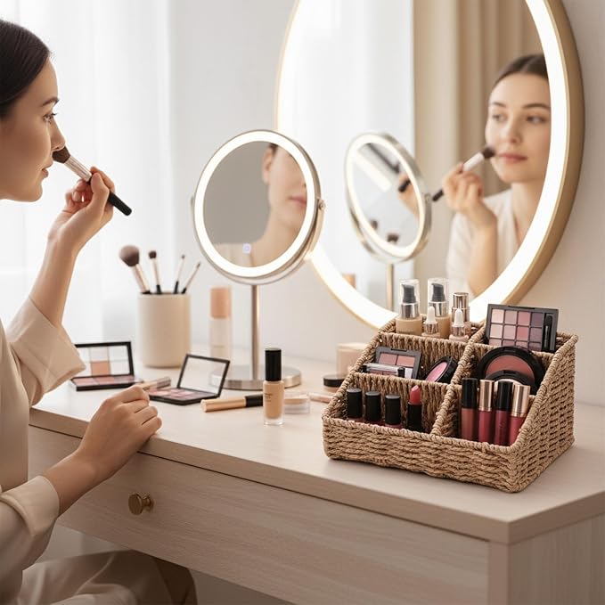 Makeup Organizer, Hand-woven Wicker Basket for Dresser Vanity and Bathroom Countertop, 6 Compartment Skincare Organizer Cosmetic Display Case, Beauty Holder for Lipstick Brush Eyeshadow Palette