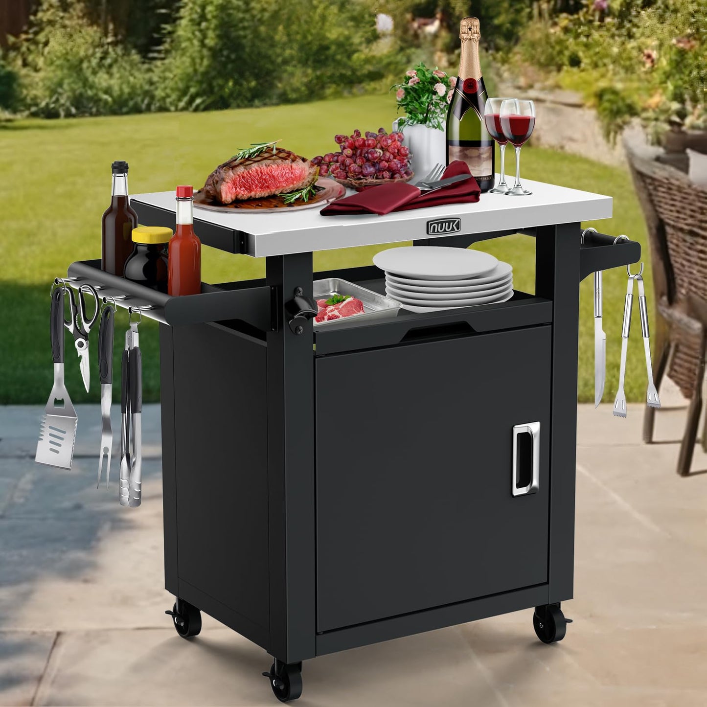 NUUK Grill Table with Storage Cabinet, Outdoor Bar Cart Pizza Oven Table with Wheels, Stainless Steel Top Kitchen Island 20" x 30" Rolling Prep Station for Indoor, BBQ, Deck, Backyard