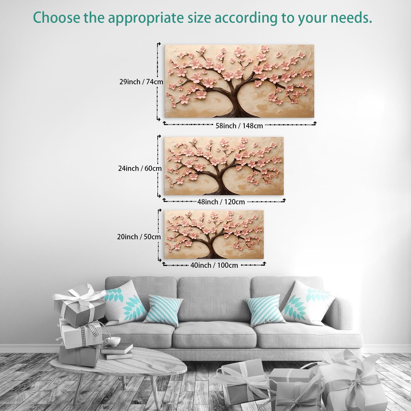 BirdSuite 3D Pink Cherry Blossom Tree Wall Art, Canvas Print Wall Decor for Living Room, Modern Floral Painting, Ready to Hang-58x29 Inches