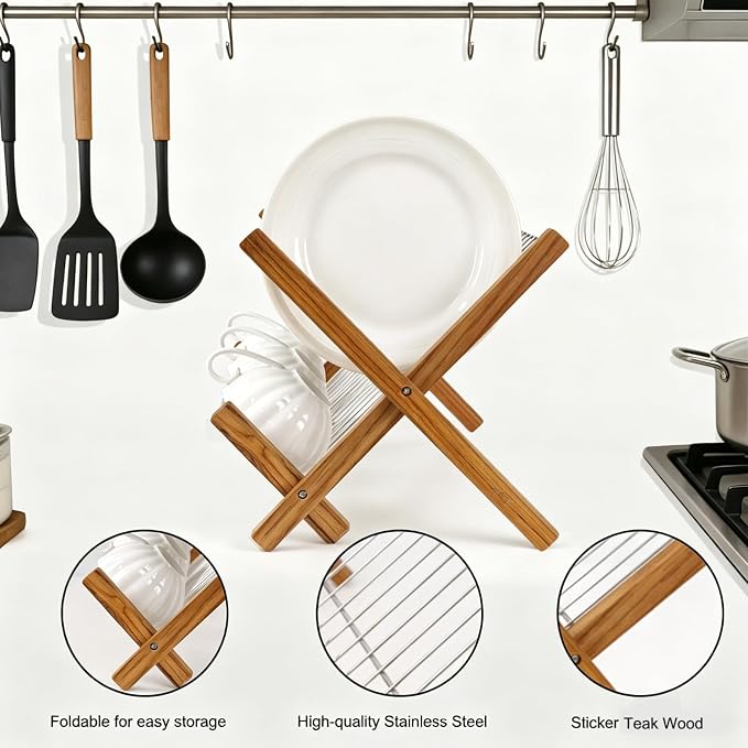 HTB Dish Drying Rack 2 Tier,Collapsible Stainless Steel & Teak Wood Dish Drying Rack,Foldable Dish Drainer for Plates,Cups,Kitchen Counter,Home,Apartment
