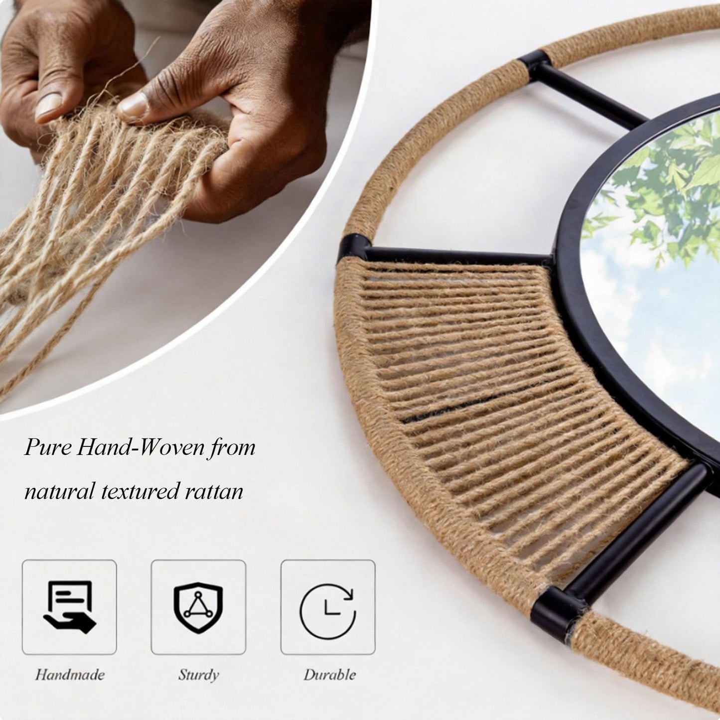 Autdot Large Boho Round Wall Mirror for Living Room, 42.5'' Coastal Circle Mirror with Detachable Rattan Frame, Rustic Circle Mirrors for Dining Room Bathroom Hallway Entrance