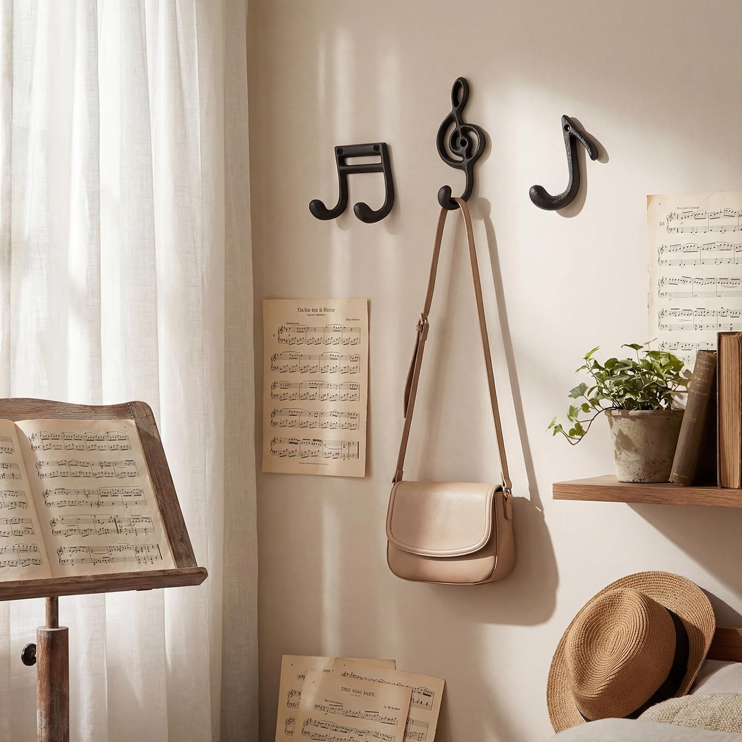 Otoolling 3 Pcs Musical Note Black Finish Cast Iron Hook Musical Note Wall Decorative Hooks with Screws for Music Room Home Kitchen Outdoor Garden Hanging Clothes Caps Bags