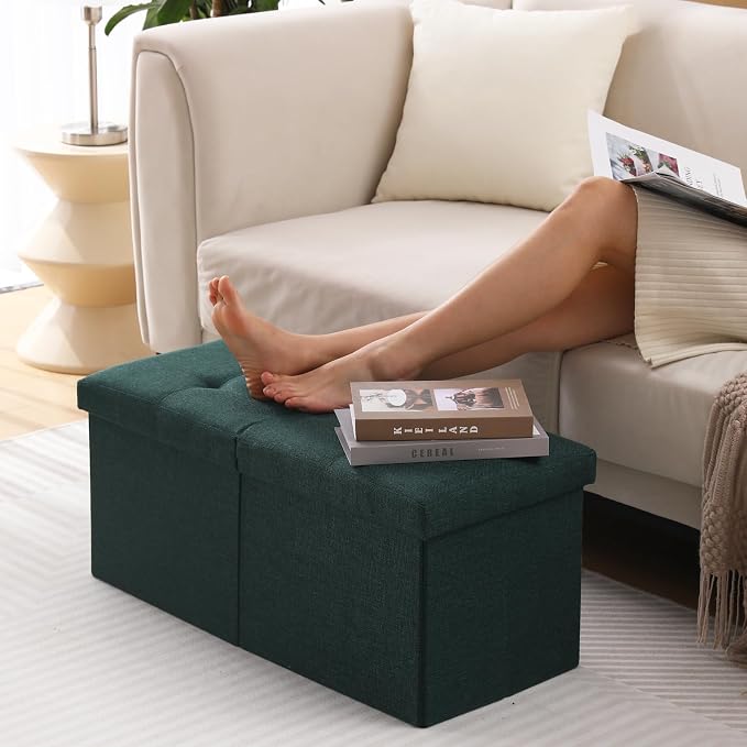 Storage Ottoman Bench Foldable Seat Footrest Shoe Bench End of Bed Storage with Flipping Lid, 75L Storage Space, 30 inches Linen Fabric Emerald, OT026DGN
