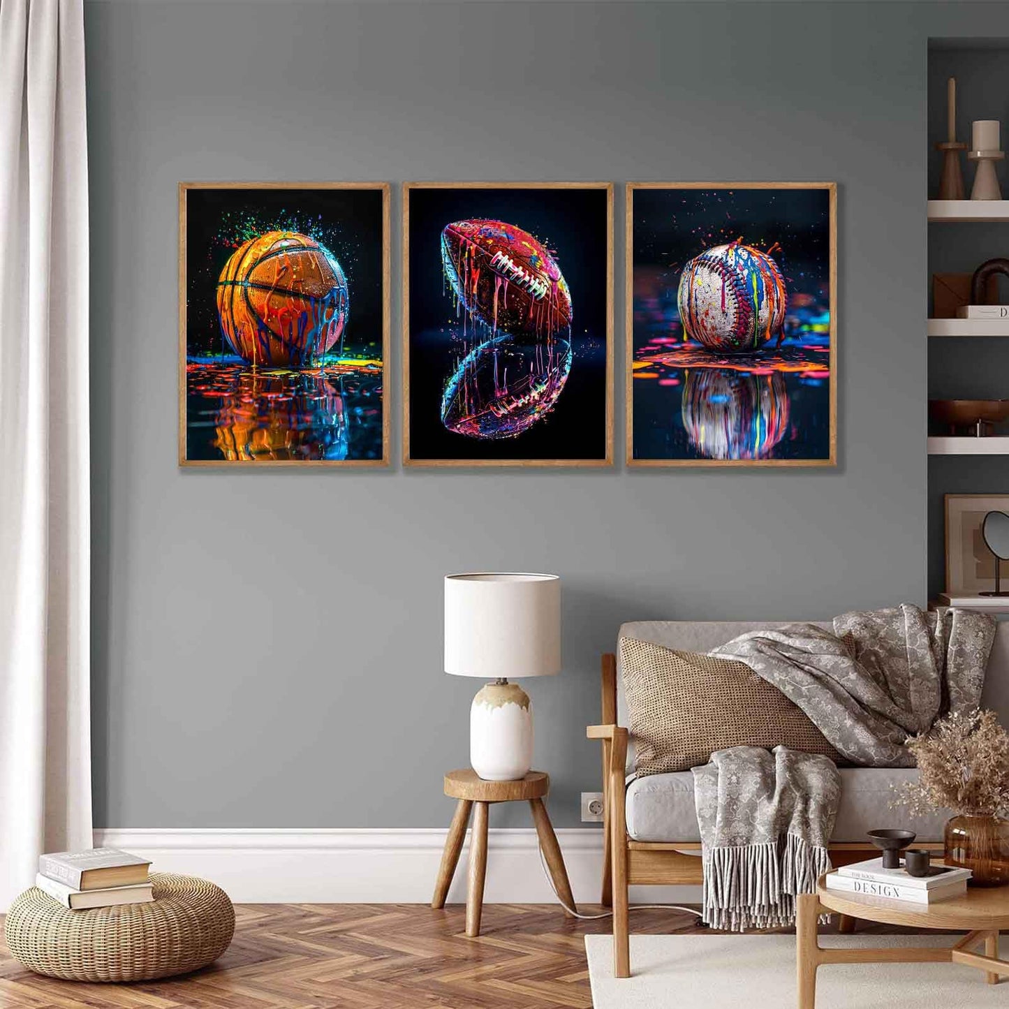 3Pcs Graffiti Sports Canvas Wall Art Boys Room Rustic Football Baseball Rugby Wall Decor Picture American Football Painting Posters Prints for Nursery Playroom Living Bedroom Decoration No Frames