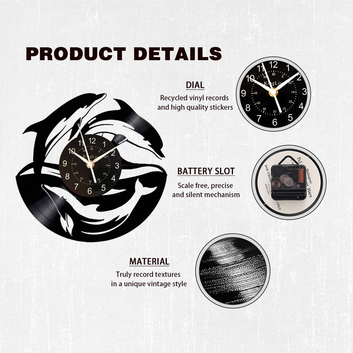 KingLive Dolphin Fish Vinyl Record Wall Clock 12 inches (30 cm) Black Modern Decorative Wall Clock Home Office Kids Bedroom Wall Creative Gifts