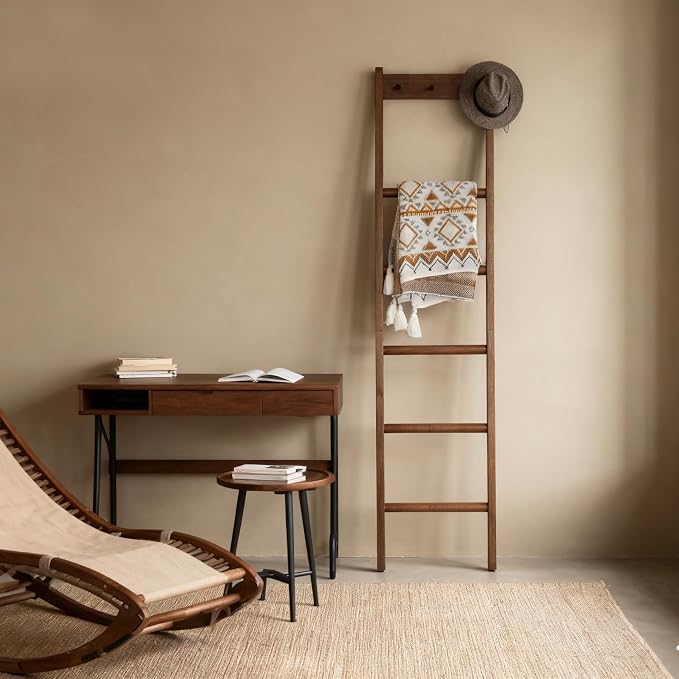 Wooden Blanket Ladder - Natural & Motley Wood - Leaning Wall Decor for Bedroom, Bathroom, Living Room - Rustic Quilt Holder & Towel Rack (Walnut Color + Hook, 76in（5-Tier）)