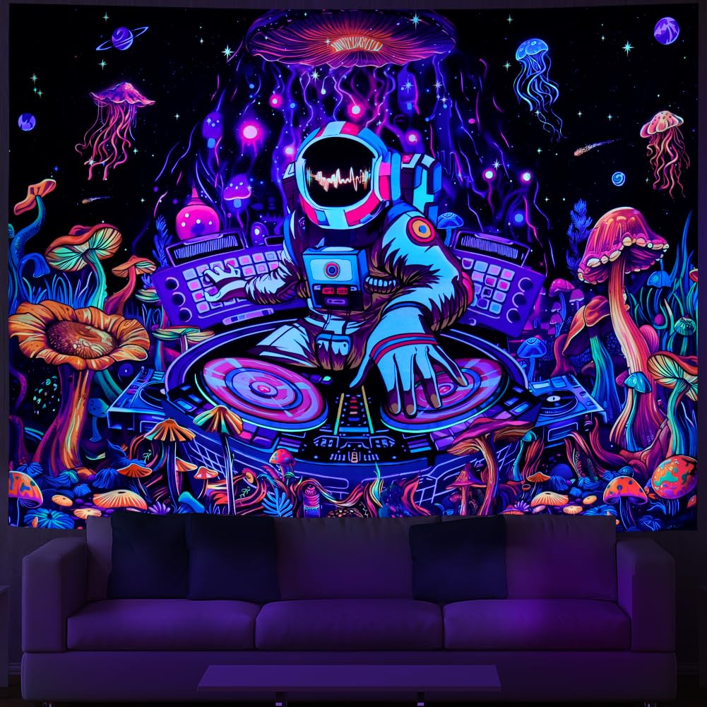 Amhokhui Blacklight Astronaut Tapestry UV Reactive Funny DJ Music Tapestry Trippy Aesthetic Tapestriesy Galaxy Space Tapestries Flower Wall Hanging Decor for Home