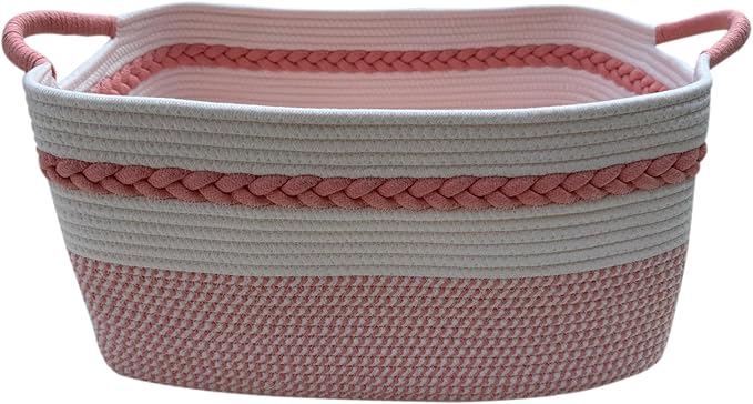 Decorative laundry basket with handles woven from natural cotton rope storage blankets for living room cute boho quilted gift baskets for clothes pillows toys 20"x14"x10",white/pink