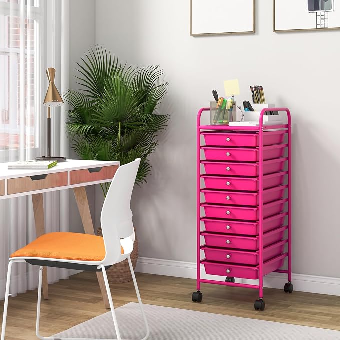 Giantex 10-Drawer Storage Cart w/Universal Wheel, Rolling Cart w/Handle, Home Organizer Storage Unit w/Removable Drawers, Trolley Utility Cart for Kitchen Makeup Living Room Office Play Room, Hot Pink