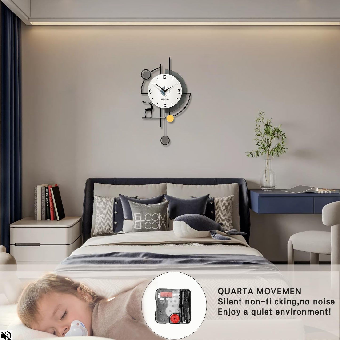 FLEBLE Large Wall Clocks for Living Room Decor Modern Pendulum Wall Clock Silent Quartz Battery Operated Non-Ticking for Bedroom Kitchen Office 24inch Black Metal Deer Clock Wall Decor for Home Indoor