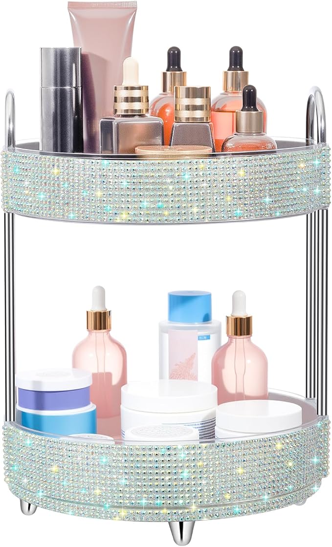 Honeydak 360 Rotating Perfume Organizer Gift for Women, Rhinestone Preppy Skincare Organizer Bathroom Counter Makeup Holder Skincare and Perfume Storage for Cosmetic(2 Tiers,Resin Diamond,AB Color)
