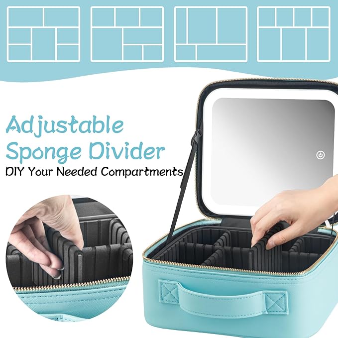 Extrei Gent Makeup Travel Train Case with Mirror LED Light 3 Adjustable Brightness Large Cosmetic Bag Portable Storage Adjustable Partition Waterproof Makeup Brushes Make up Jewelry Gift for Women