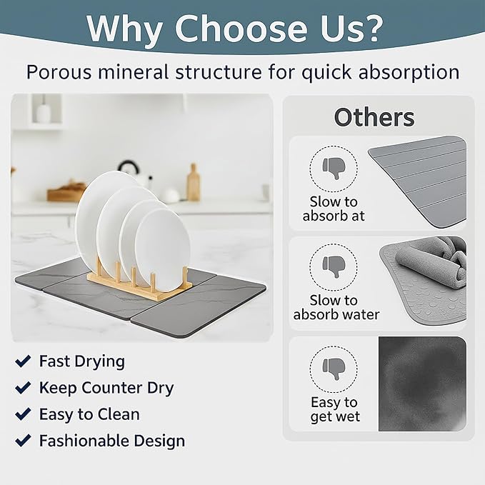Stone Drying Mat for Kitchen Counter ,19.7"×14.7" Diatomaceous Earth Dish Drying Mat, Absorbent Drying Stone Mat for Modern Kitchen Countertop (Dark Gray, Medium)