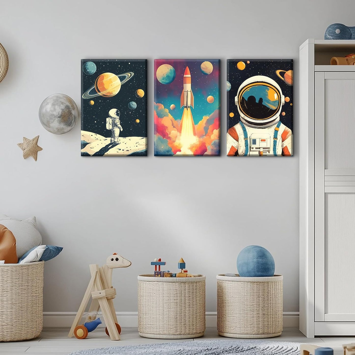 lkjhgf999 3 Pcs Space Canvas Wall Art Nursery Space Astronauts Kid Painting Pictures Wall Decor Explore Dream Galaxy Canvas Prints Artwork for Boys Room Girls Room Kids Room Decoration