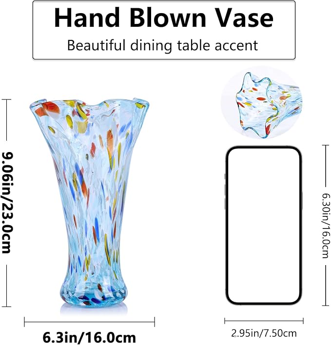 9.0" H Aqua Glass Vases for Flowers, Unique Hand Blown Glass Vase Aqua Home Decor, Wide Mouth Colorful Flower Vase Centerpieces, for Living Room Table Bookshelf, Bathroom Office Shelf Decorative