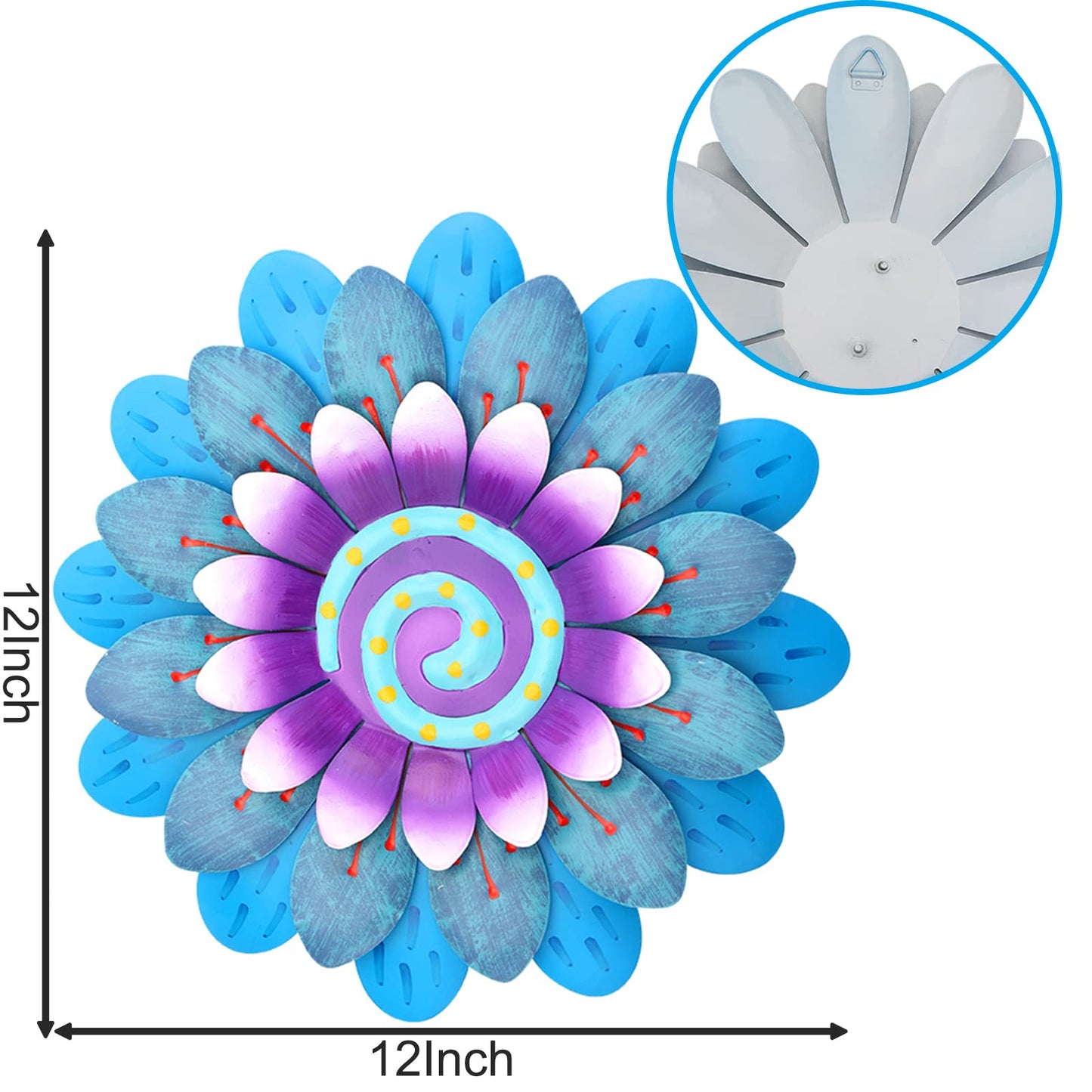 LITIALLY Outdoor Metal Flower Wall Art Garden Decor Cute Flowers Decorations Hanging for Outside Yard Porch Lawn Blue 12x12 inches