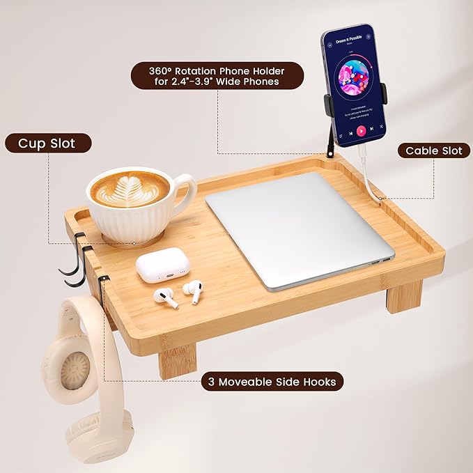 Bedside Shelf for Dorm Bed & Top Bunk, Bamboo Bed Side Table Tray with Cup Phone Holder & Hooks, Bedside Caddy, Clip on Nightstand Bedside Storage College Dorm Room Essentials (Bamboo)