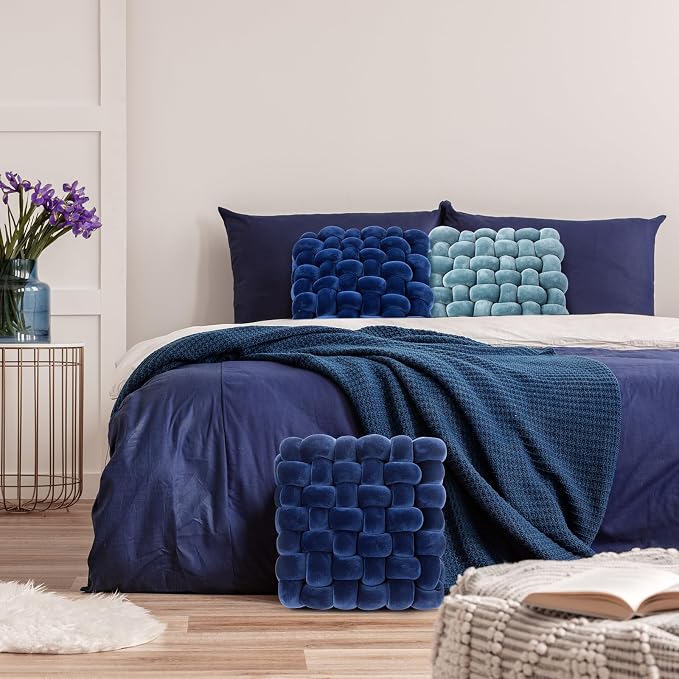Wenqik 2 Pcs Knot Pillows Square Knotted Plush Throws Soft Accent Pillows Decoration Cushion for Couch Home Office Living Room Bedroom Bed Sofa Decor, 12'' x 13''(Navy Blue,Crystal Velvet)