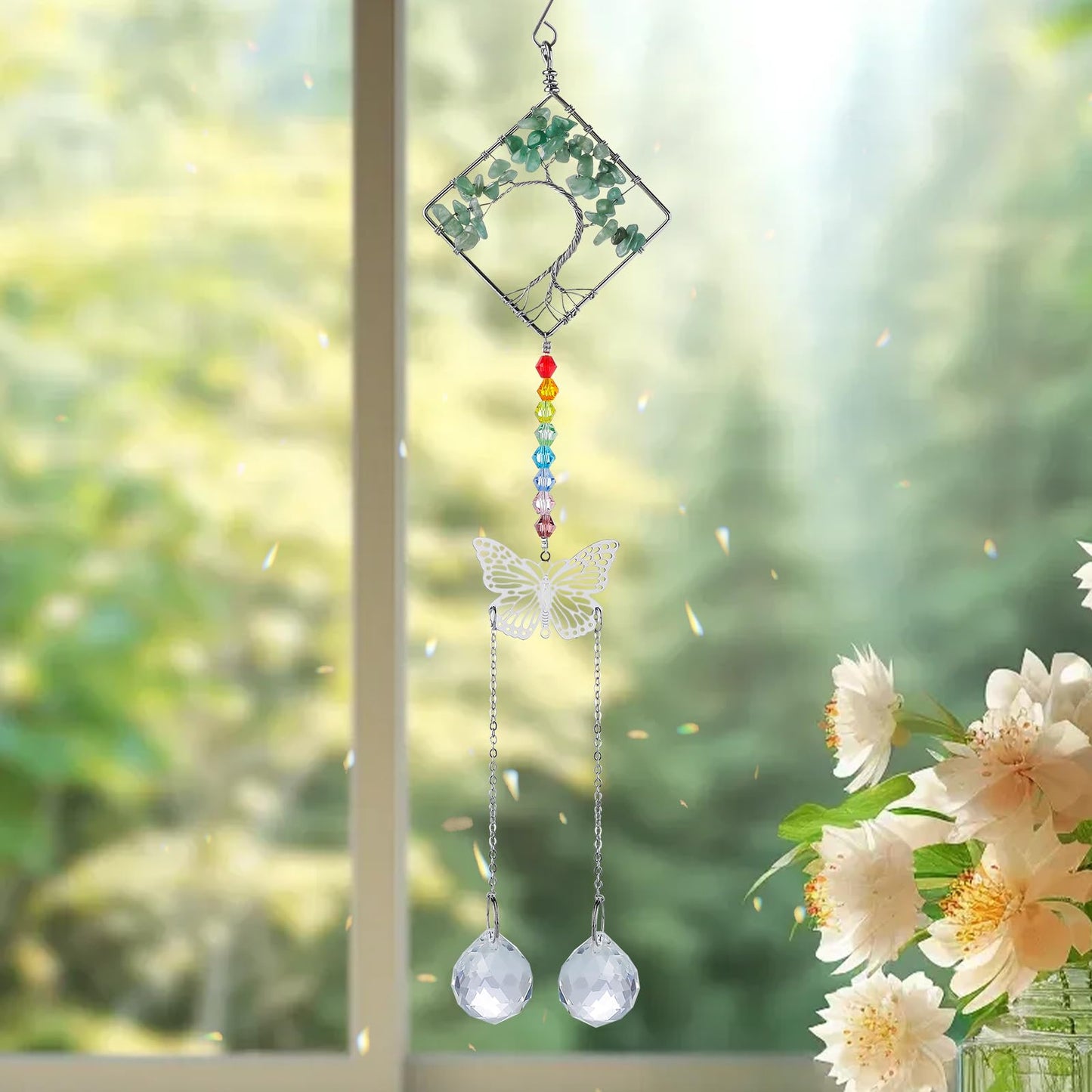 Crystal Suncatchers Butterfly Prism Green Tree of Life Ornament, Clear Prisms Ball for Windows Wall Home Wedding Hanging Decor