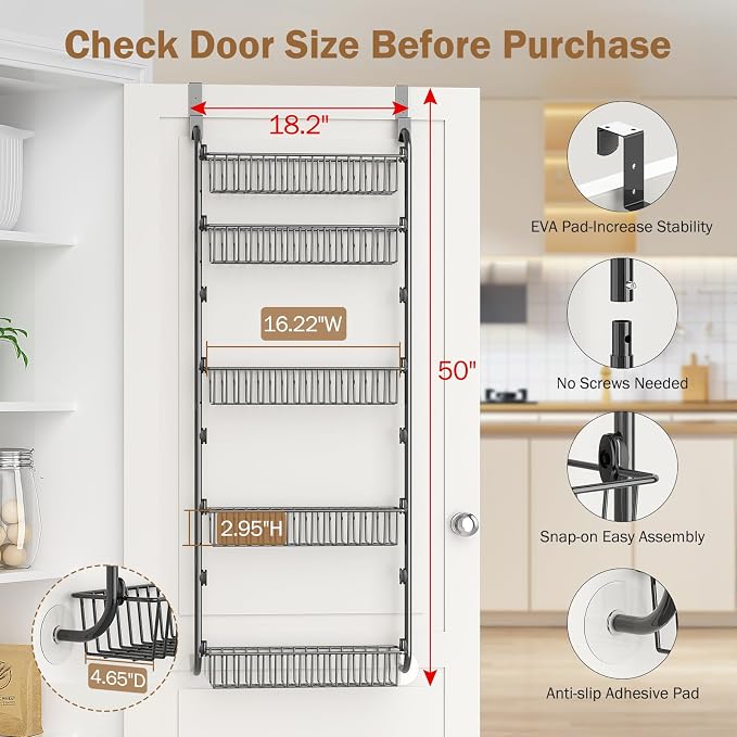 Delamu Over The Door Pantry Organizer, 5-Tier Pantry Door Organizers and Storage with Adjustable Basket, Metal Hanging Spice Rack, Seasoning Organizer, Door Organizer for Home Kitchen Bathroom, Black