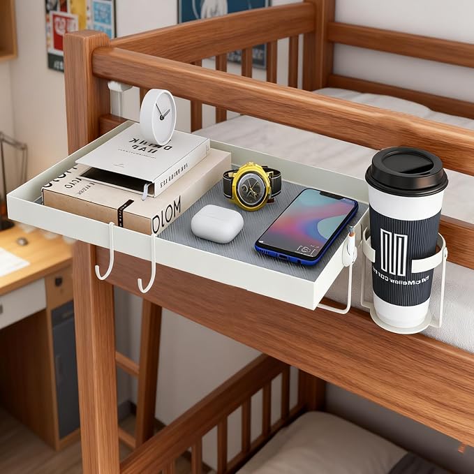 Metal Bedside Shelf for Dorm Room Bunk Bed & Top Bunk, Dorm Room Essentials, Bed Side Table Tray Organizer (White)