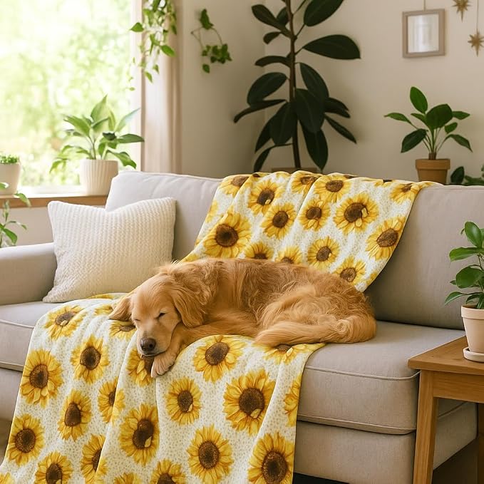 Serafina Home Summer Sunflower Throw Blanket: Beautiful Fleece Flowers with Yellow Brown White Accents, 50" x 60", for Couch, Bed, Travel