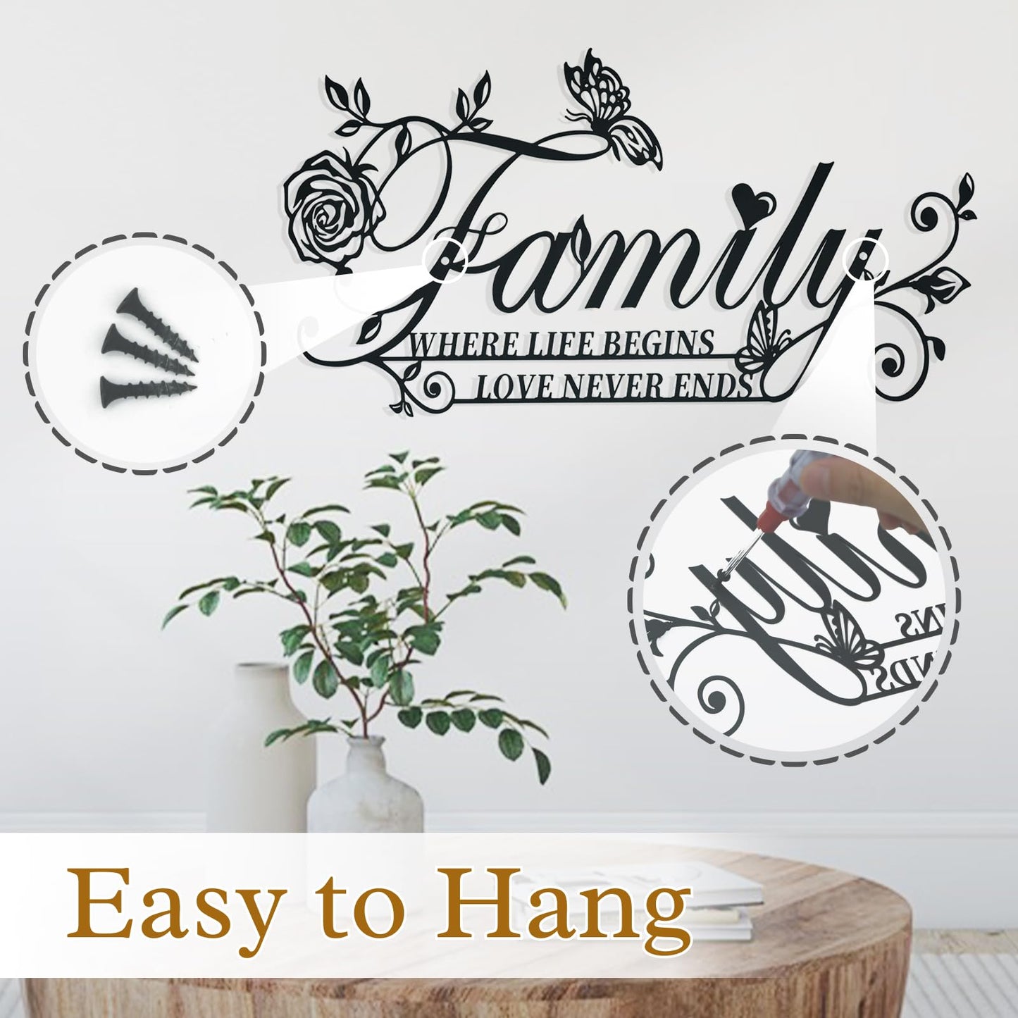 Family Where Life Begins Love Never Ends Word Sign Metal Wall Art Decor, Heavy-duty Iron Black Letters Quotes Sign Wall Sculptures Home Decor, Hanging Wall Art Decoration for Living Room Bedroom