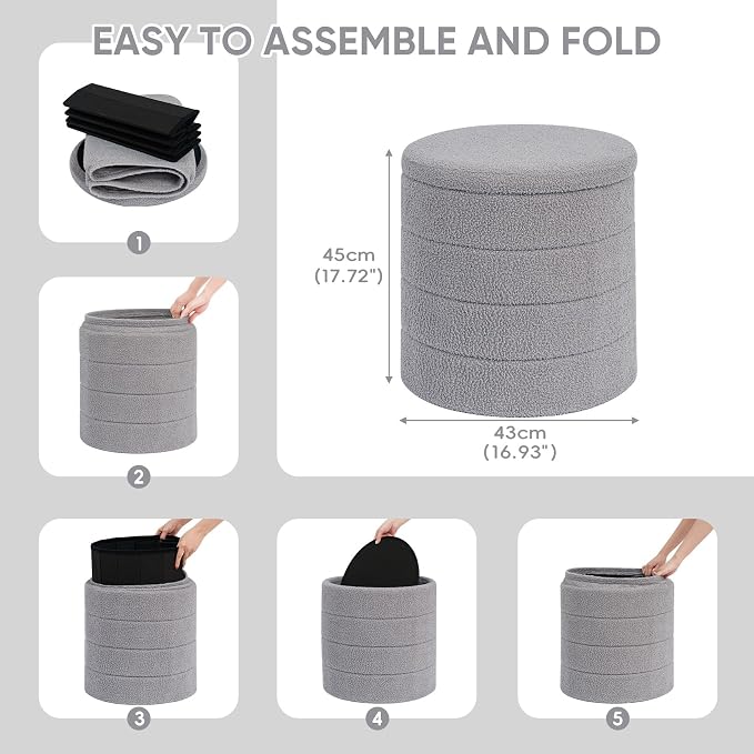 PINPLUS Round Storage Ottoman Foot Rest Stool with Tray Velvet Sherpa Folding Storage Ottoman,Boucle Foot Rest for Living Room, Bedroom, Dorm, Dorm,Grey Color