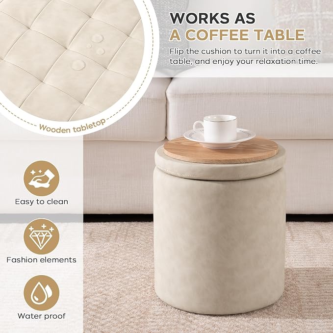 oakvivo Faux Leather Round Ottoman with Storage 12.6" W x 14.17" H & 14.76" W x 17.32" H Set of 2, Small Boucle Coffee Table Footstool with Removable Lid for Living Room, Bedroom, Beige