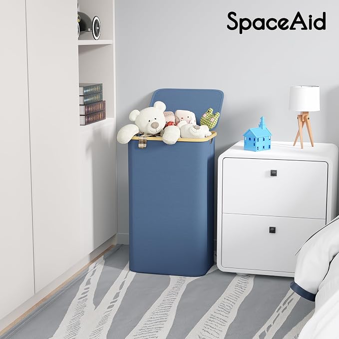 SpaceAid Laundry Hamper with Lid, 110L Large Tall Clothes Basket Bin with Bamboo Handles, Collapsible Laundry Hamper for Bedroom, Bathroom, Dorm, Laundry Room - Blue