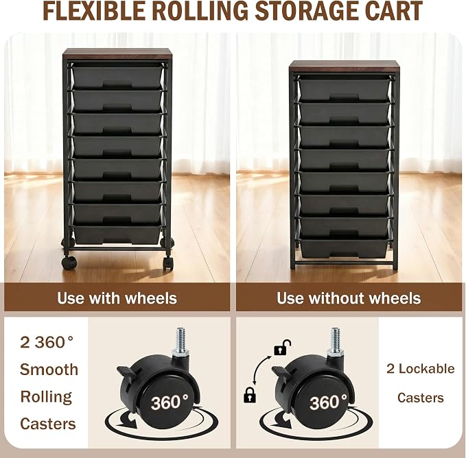 Rolling Cart with 8 Drawers, Storage Drawers Cart with Wooden Tabletop and Lockable Wheels, Craft Storage for Living Room, Office, Classroom, Craft Room, Bedroom (Black)