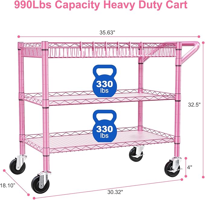 WDT Pink Rolling Utility Cart with Wheels, 990Lbs Heavy Duty Metal Cart with Handle & Shelf Liners, NSF Certified 3-Tier Storage Trolley for Esthetician, Kitchen, Salon & Craft Room, Pink