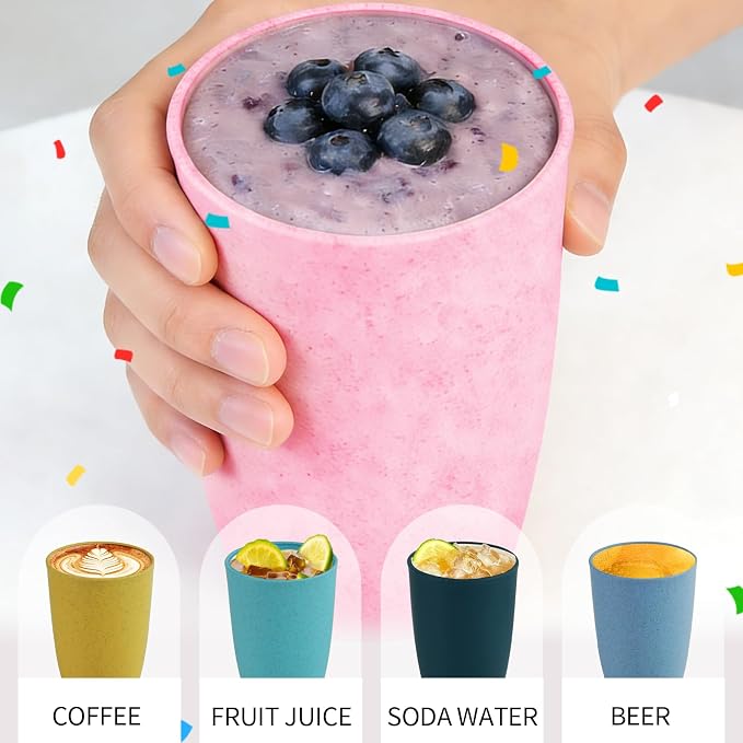 Wheat Straw Cups, Plastic Cups Reusable, Unbreakable Drinking Glasses with BPA-Free, Kids Plastic Cups, Dishwasher Safe, Eco-Friendly Cups for Party Office Outdoor Home, 6 Pack(12OZ, Multi)