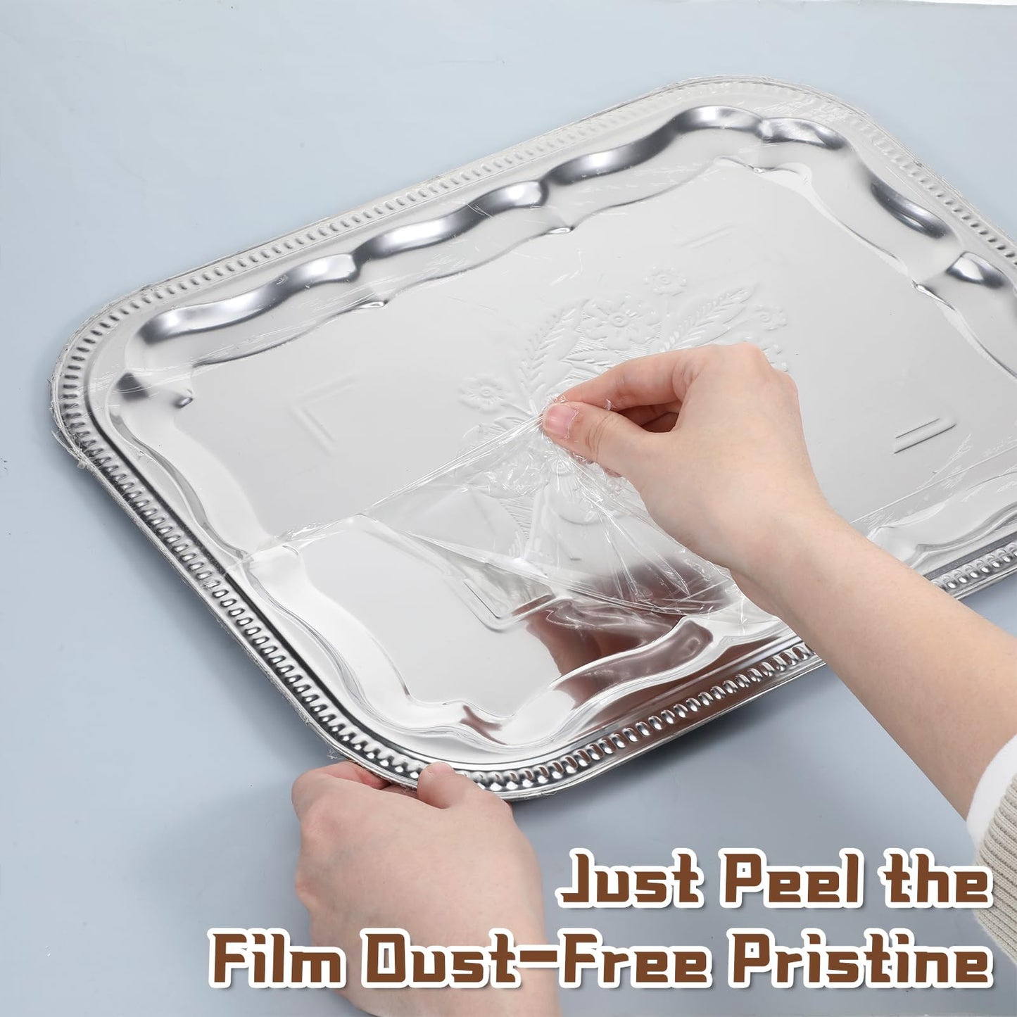 4 Pcs Large Silver Serving Trays, 15.7" x 11.8" Stainless Steel Rectangle Serving Tray, Decorative Silver Plates, Floral Engraved Tray, Metal Sizzler Plates for Coffee Table, Bar, Party, Club, Home