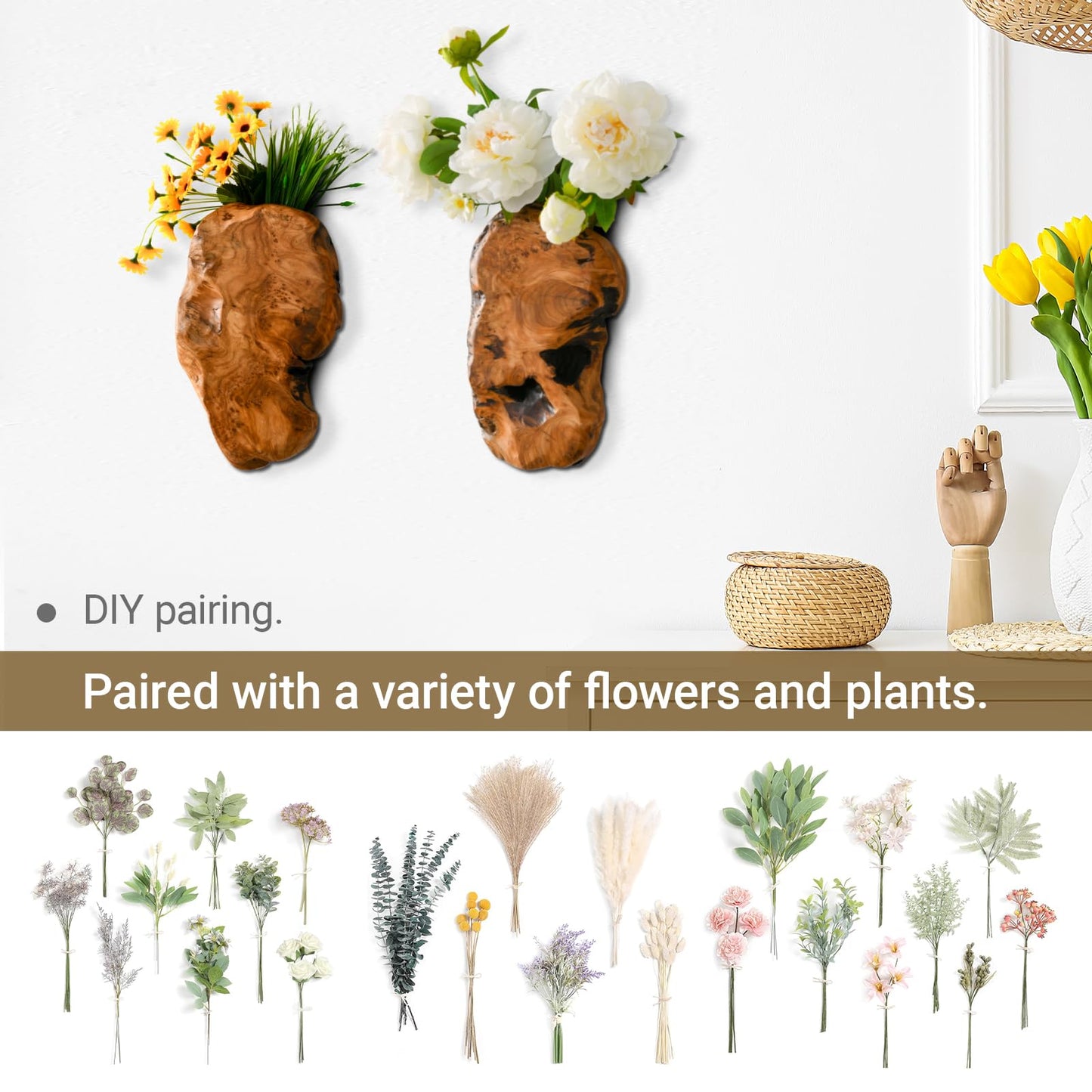 JOLLYMER 2-Pack Cedar Wood Live Edge Wall Vases – Natural Edge Hanging Flower Vase, Organic Root Carved, Rustic Home Décor, Handcrafted Wall Mounted Wooden Vase (Flowers Not Included)