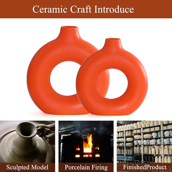 Orange Ceramic Donut Vase Set of 2, Hollow Round Matte Pampas Flower Vases for Boho Home Wedding Party Room Dinner Table Shelf Decor.（Orange）