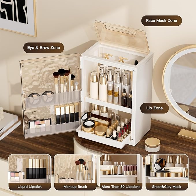Makeup Organizer with Drawers and Lid, Large Skincare Organizer for Vanity, Dustproof Cosmetic Organizer and Makeup Storage Box with Brush Holder for Dresser, Bathroom Countertop