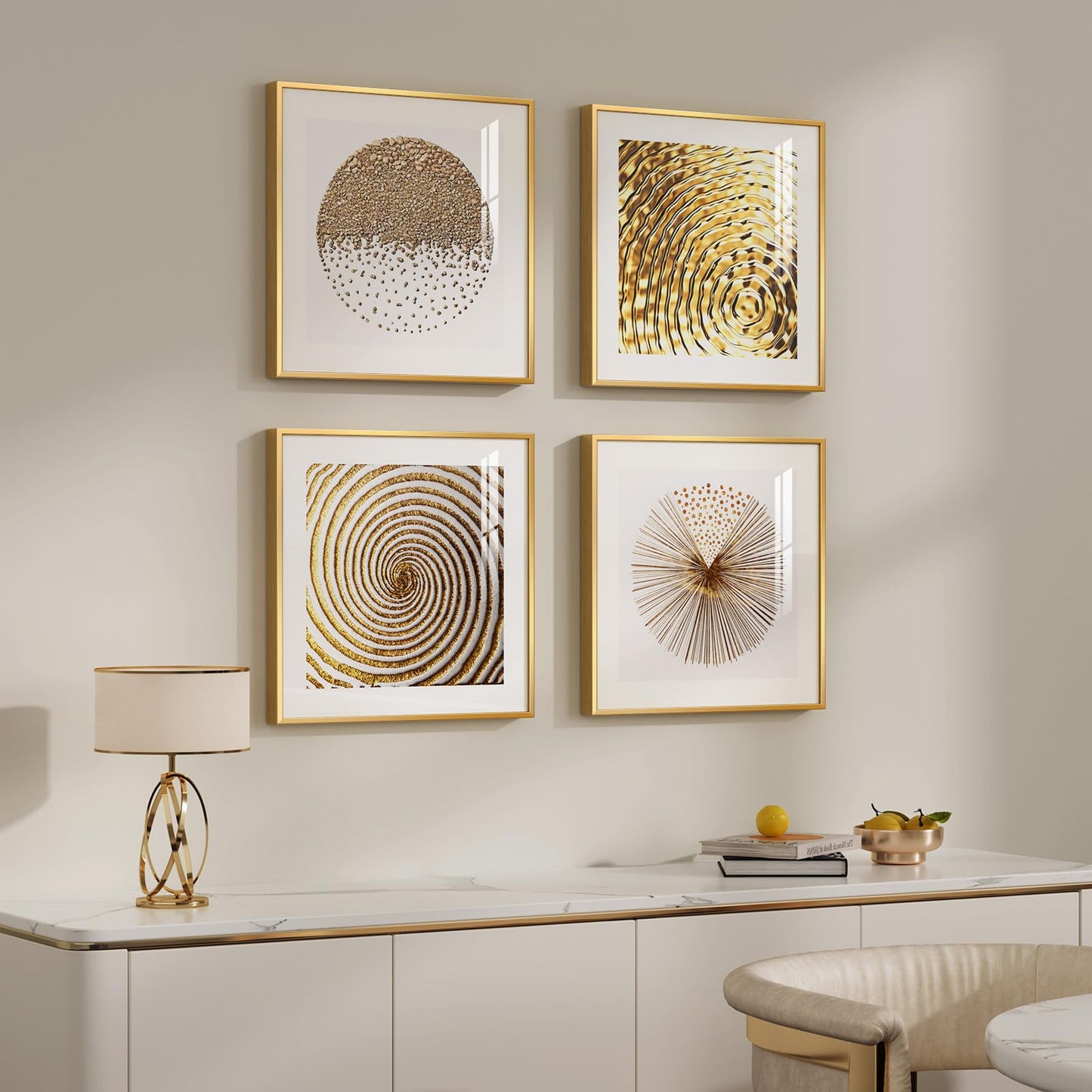Framed Gold Modern Wall Art Prints, Set of 4 Piece Abstract Geometric White and Gold Wall Decor, Minimalist Contemporary Glam Square Wall Art for Dining Room Bedroom Office, 12x12 Inch