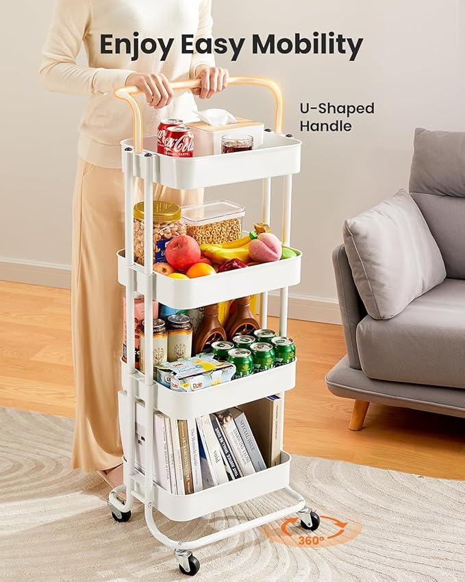 Pipishell 4 Tier Rolling Cart, Metal Utility Cart with Wheels and Handle, Rolling Storage Cart for Nursery Room, Living Room, Painting Room, Office and Kitchen, White