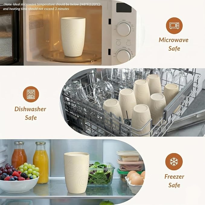 Homienly Plastic Cups Alternative 12oz - Wheat Straw Cups Set of 6 Reusable & Unbreakable Drinking Glasses Dishwasher & Microwave Safe Cups for Everyday Use-Beige